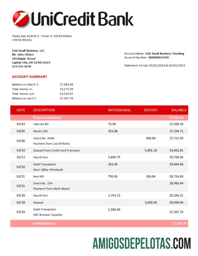 Baixável Unicredit Bank Extrato Corporativo Modelo Word e PDF